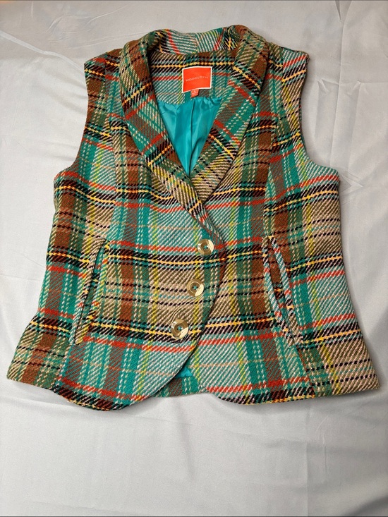 Modcloth Jackets & Blazers - Modcloth Plaid Teal, Brown and Cream Plaid Vintage Style Wool Blend Vest Size L